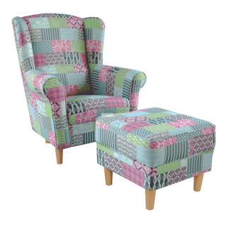Kreslo, ušiak s taburetom, patchwork M1 látka, ASTRID