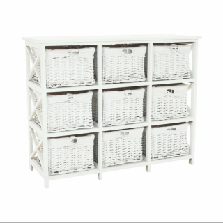 Komoda, 94cm, 9 košíkov, drevo, prútie, biela, RAFAELLO