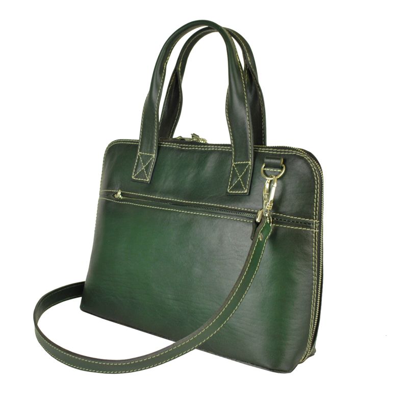 Dámska kožená kabela vhodná na formát A4, ručne tieňovaná, tmavo zelená farba